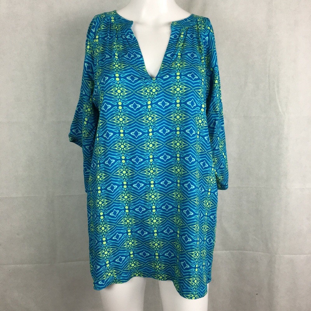 Escapada Shirt Womens Sz S Blue Green Geometric Flowy Oversize Tunic‎
